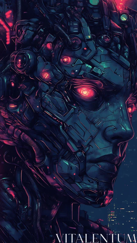 Cybernetic humanoid portrait with neon-lit mechanical implants