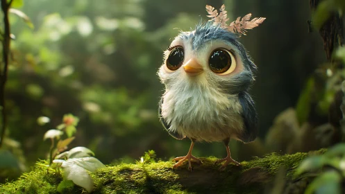 Adorable Blue Cartoon Bird in Enchanted Forest, Whimsical Style.