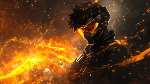 Cybernetic warrior turns amid blazing molten embers