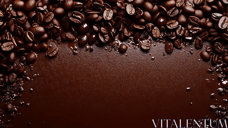 Glossy roasted coffee beans frame a rich chocolate backdrop