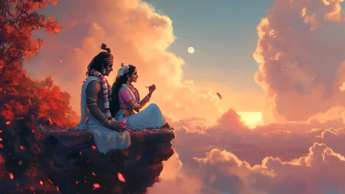 Divine couple on cloudlit cliff at sunset horizon verge.