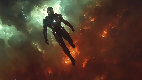 Armored space hero drifts through fiery cosmic nebula.