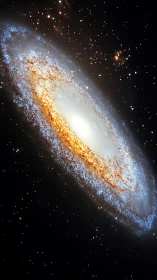 Spiral galaxy core with luminous dust lanes and star clusters.