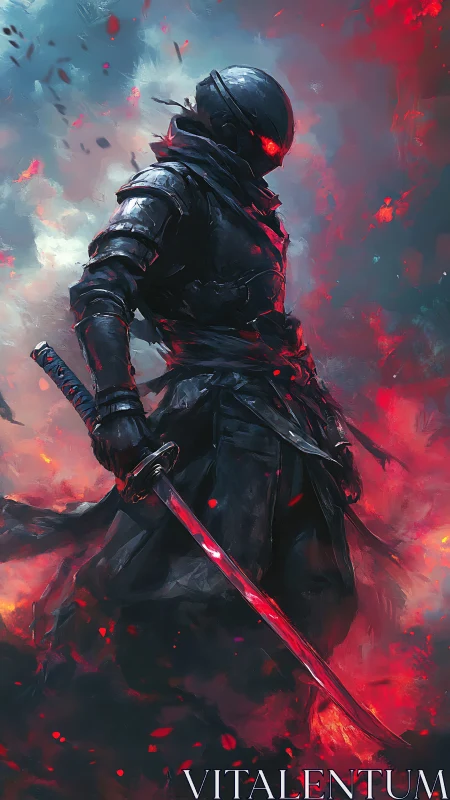 Armored cyber samurai amid burning crimson embers.