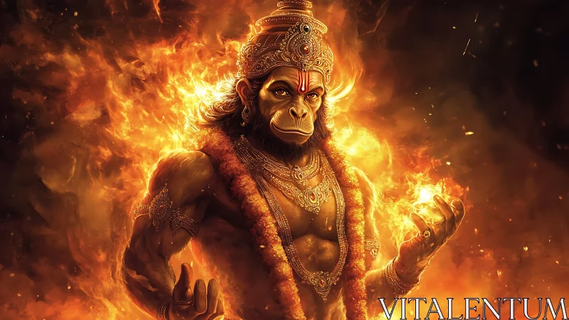 Mythic simian warrior rendered in high-dynamic fire illumination