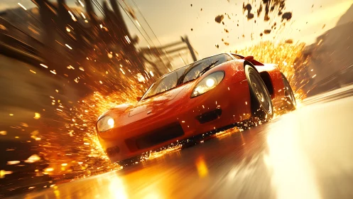 Red supercar drifts through sparks on blazing city street.