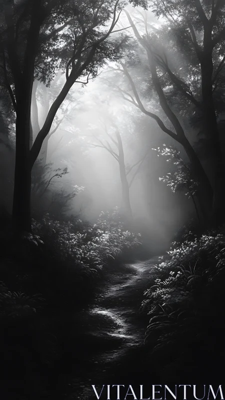 Atmospheric forest corridor with volumetric light diffusion through dense canopy