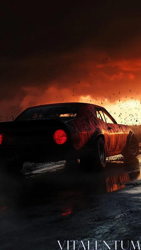 Muscle car tears through stormlit road under burning sky.