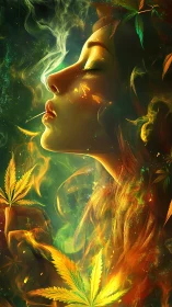 Dreamy woman drifts in swirling smoke and glowing leaves
