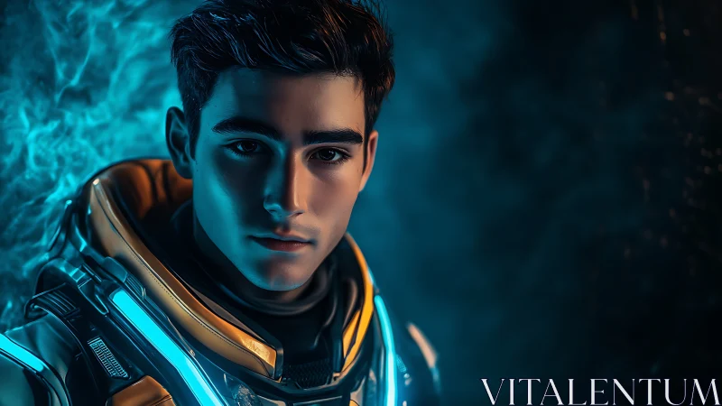 Cinematic 3D portrait of young astronaut in neon exosuit.