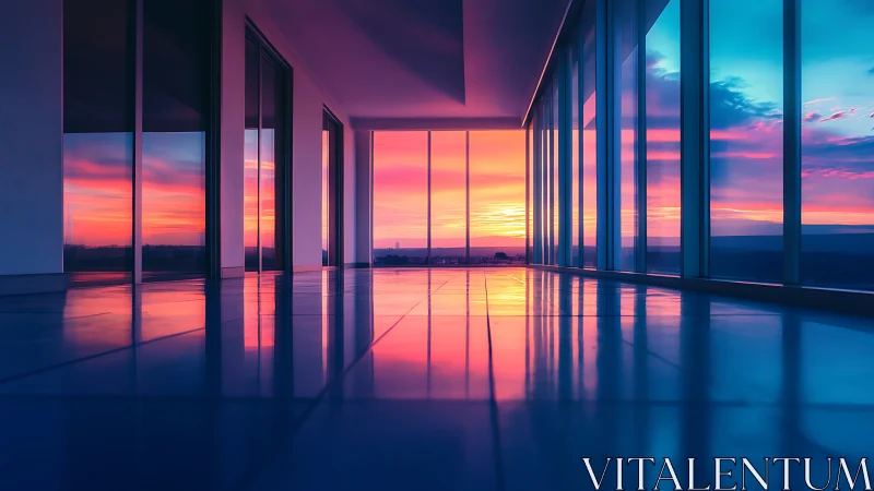 Modern glass corridor glows with vivid sunset reflections