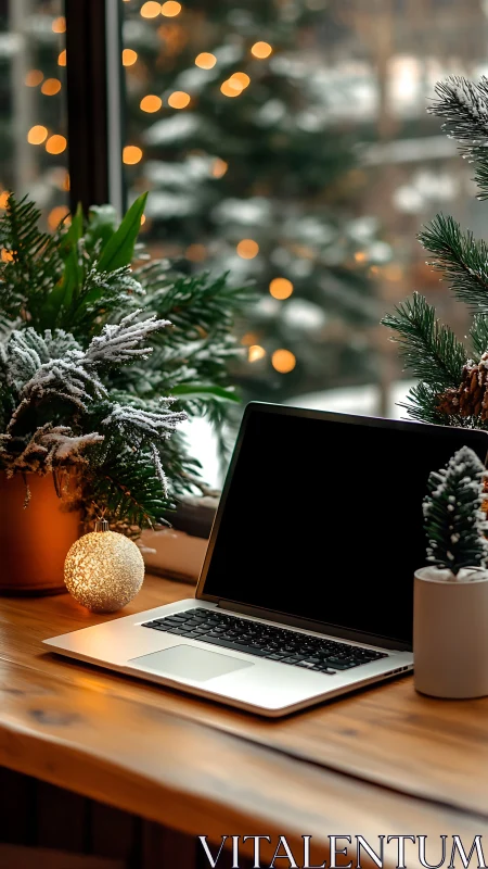 Laptop sits on wooden desk between snowy plants indoors