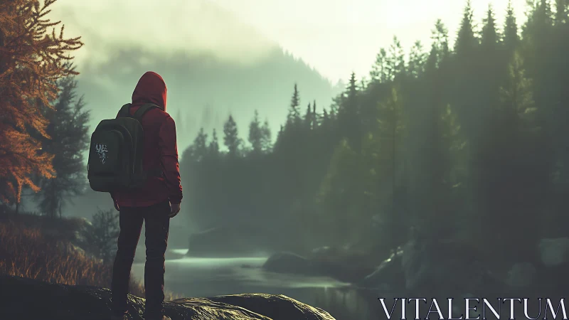 Solitary hooded figure observes misted conifer river valley
