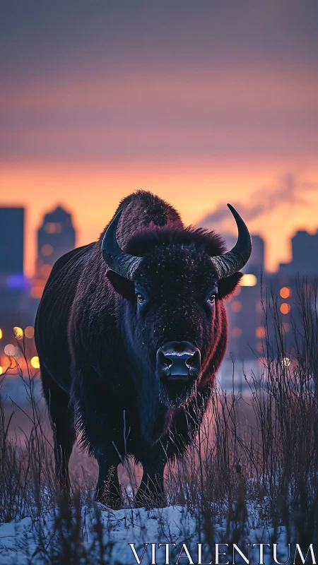 Bison standing in snowy field against urban skyline at dusk.