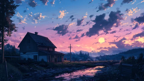 Barnside dusk reverie under cotton-candy rural skies.