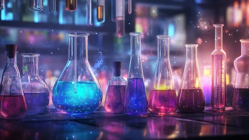 Luminous chemistry glassware with iridescent neon liquids.
