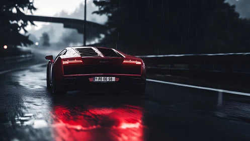 Red sports car gliding through a rainy night highway drive.