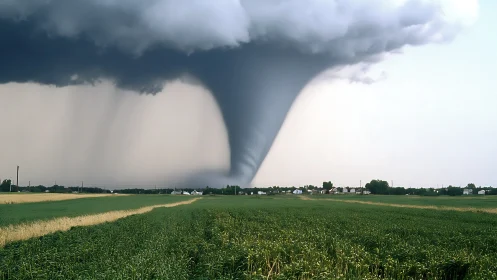 Powerful tornado swirling above quiet green farmland.