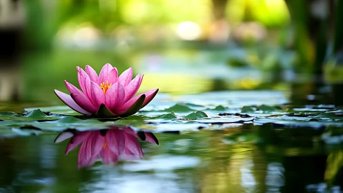 Macro depth-of-field study of pink water lily and reflective pond