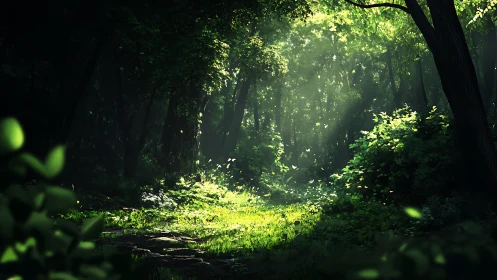 Forest canopy with sunlight penetrating dense tree coverage