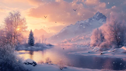 Snowy river valley glows beneath a pastel winter sunrise.