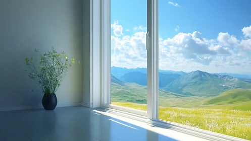 Minimalist interior with panoramic alpine window vista.
