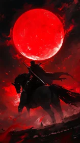 Lone dark rider confronts colossal blood moon in crimson storm