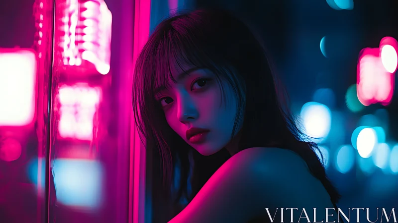 Young woman in neon city light with reflective window.