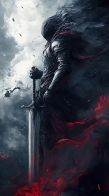 Dark armored knight stands in swirling smoke and bloodlit storm.