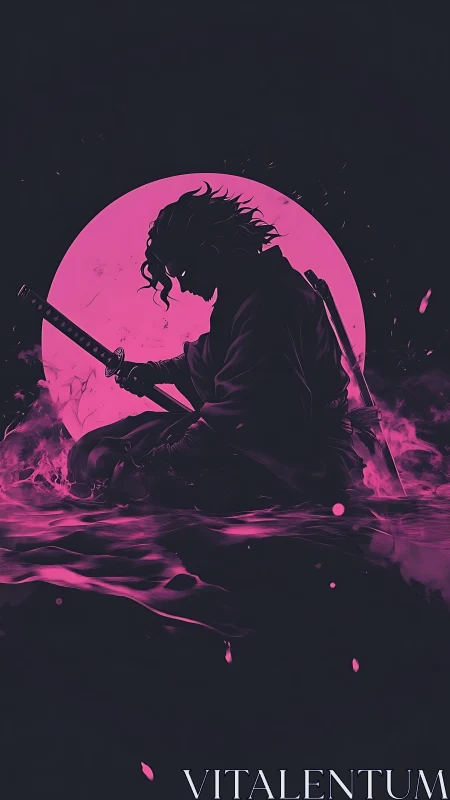 Silhouetted katana warrior before neon magenta moon in mist