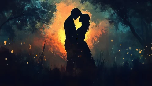 Silhouetted couple portrait backlit by golden luminescence and dark teal atmospheric rendering