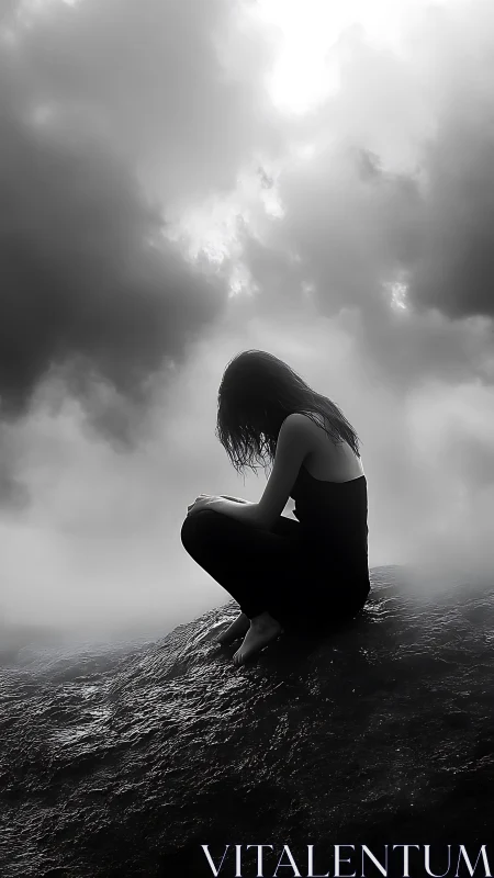 Solitary woman crouches on wet rock under storm clouds