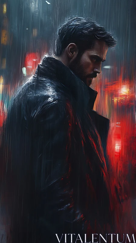 Solitary man in neon rain rendered as moody digital painting