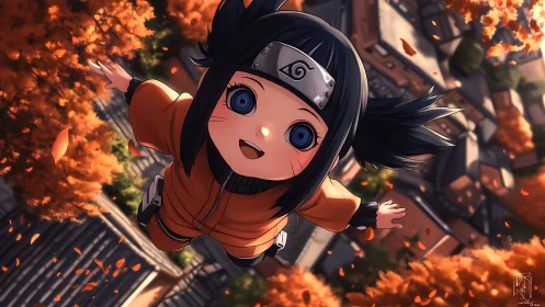 Child ninja falling through autumn village view.
