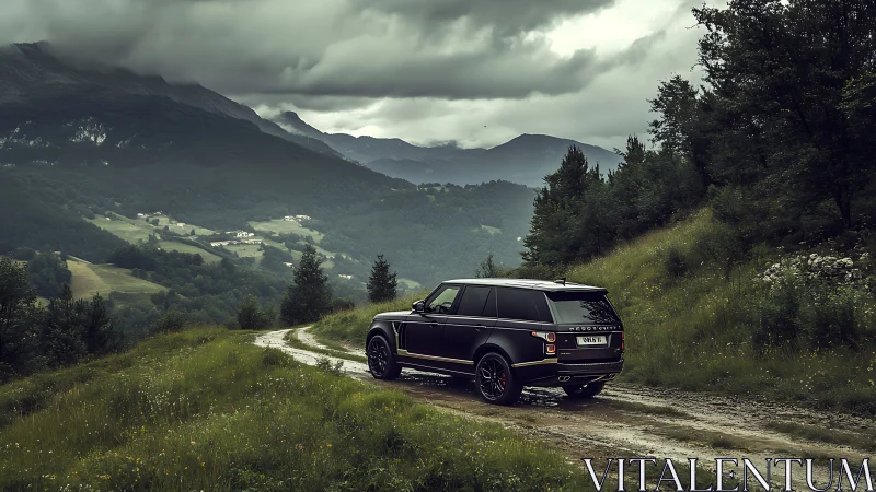 Luxury SUV navigates misty mountain track under storm clouds