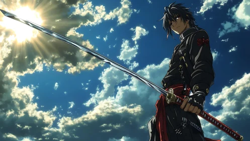 Sword-wielding anime warrior stands under bright sunlit sky