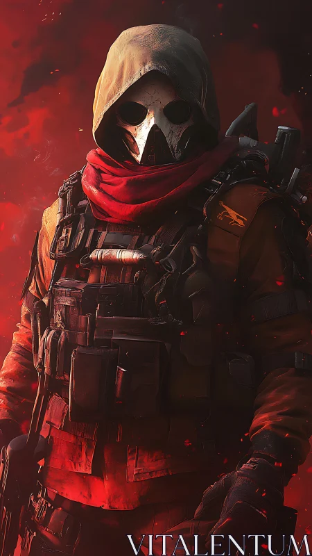 Hooded skull-masked soldier in ember-lit tactical armor.
