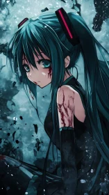 Wounded teal‑haired combatant in icy debris field at dusk.