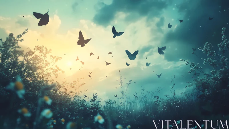 Twilight meadow ballet of drifting butterflies in glowing sky.