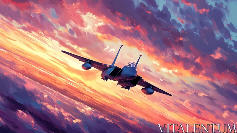 Jet aircraft is depicted in frontal ascent within sunset sky