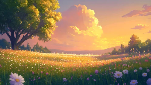 Golden sunset light washes over a tranquil flower meadow