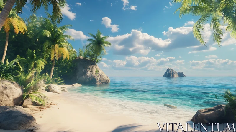 Tropical Paradise Beach with Distant Rock Formations.