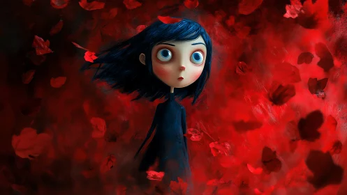 Wide eyed girl drifting through a crimson dreamstorm.