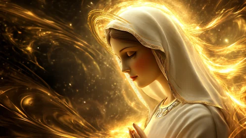 Golden light surrounds a serene veiled woman in quiet prayer