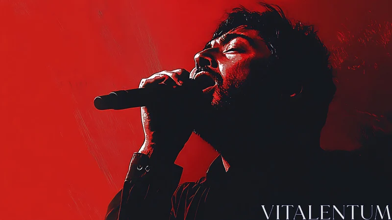 Vocalist silhouette in dramatic red high contrast lighting.