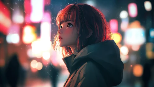 Side profile of girl in hooded coat amid city lights.