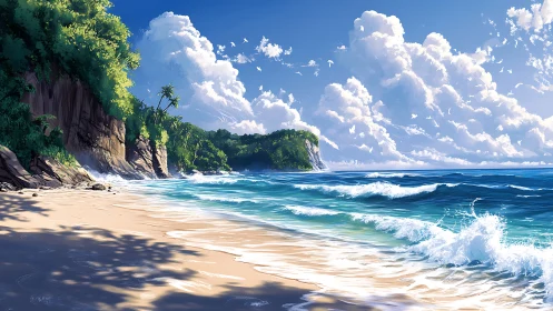 Sunlit tropical surf rolling onto secluded cliff beach.