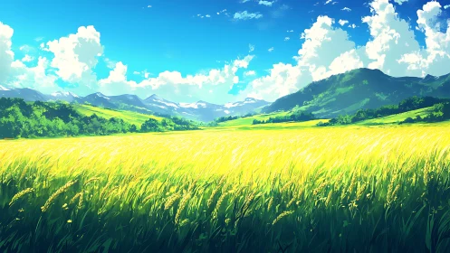 Sunlit mountain meadow stretches under vivid summer sky