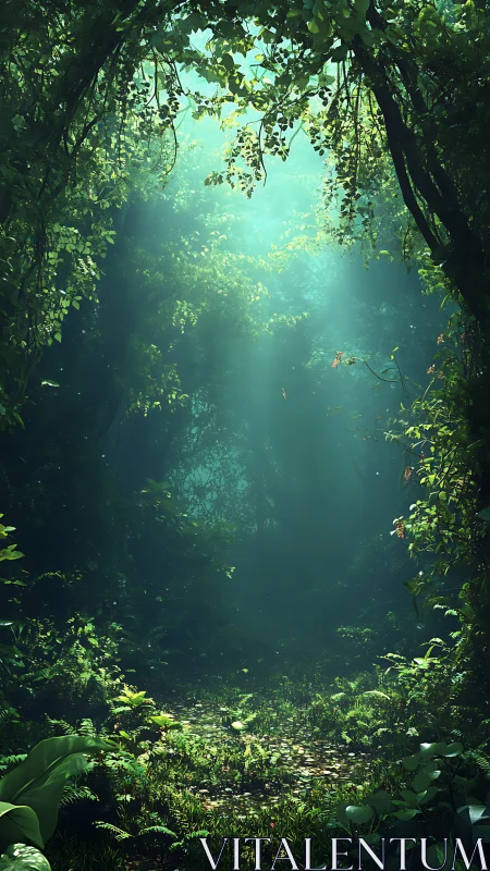 Verdant Cathedral: Light Through Jungle Corridor.