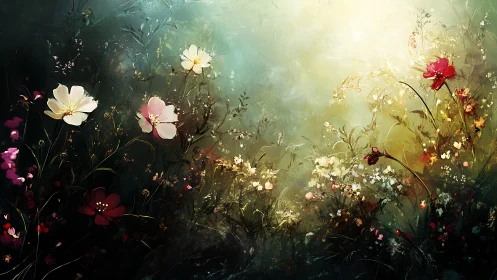 Luminescent Garden Composition with Layered Floral Elements and Atmospheric Light Diffusion